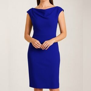 MaxMara Draped Bateau Neckline V-Back Virgin Wool Sheath Midi Dress Blue USA 10